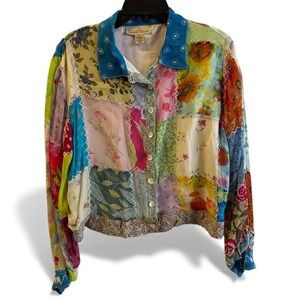 Sacred Threads Patchwork Button Up Shirt Women M/L Rayon Polyester Colorful Boho